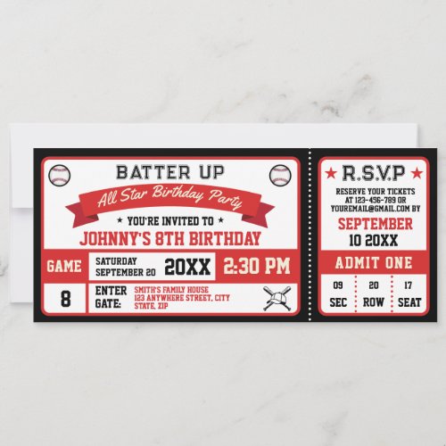 Baseball Ticket Birthday Party Red Black Invitation