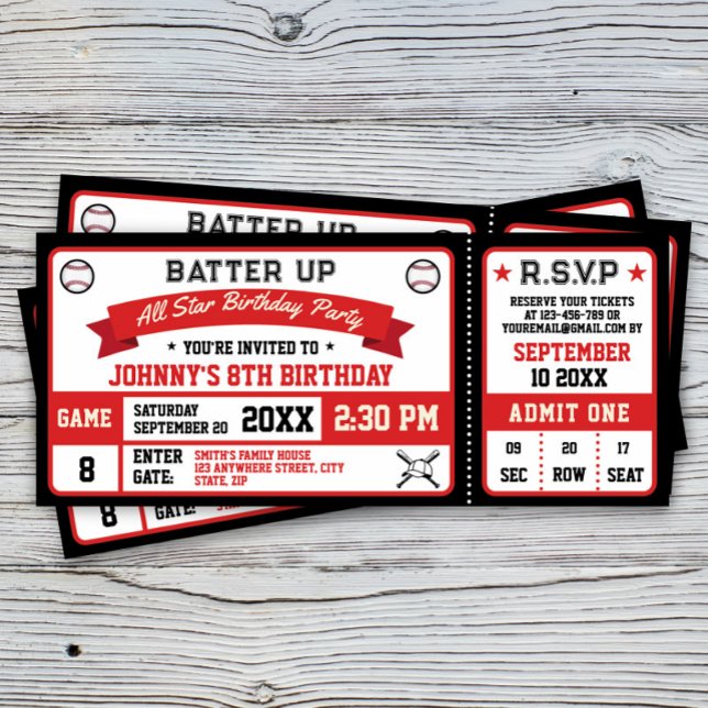 Baseball Ticket Birthday Party Red Black Invitation (Creator Uploaded)