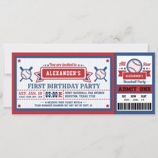 Baseball Ticket Pass Birthday Invitation Blue Red