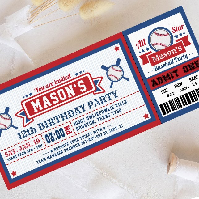 Baseball Ticket Pass Birthday Invitation Blue Red