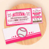 Baseball Invitation Kids Adults Birthday Photo Ticket Red – Pink the Cat