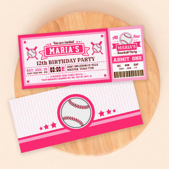 Baseball Ticket Pass Birthday Invitation Pink by OwlieInvites at Zazzle