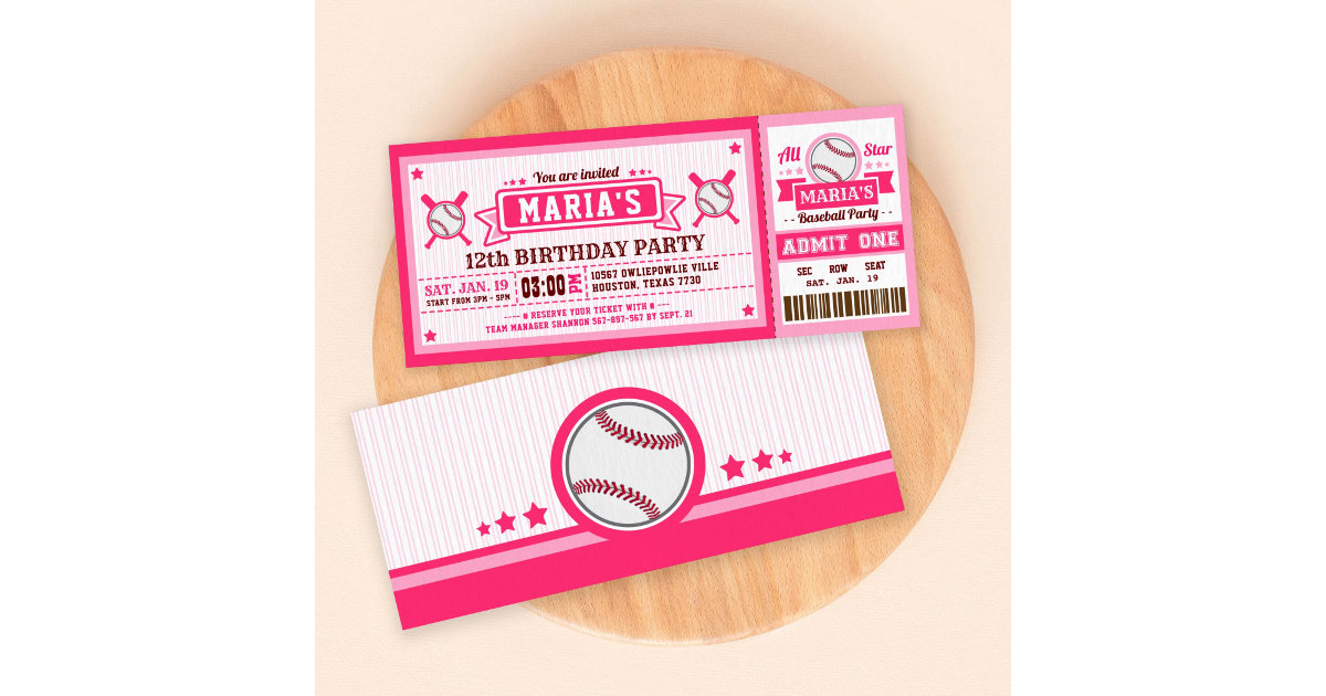 Baseball Invitation Kids Adults Birthday Photo Ticket Red – Pink