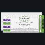 Baseball Ticket Save the Date<br><div class="desc">Baseball themed wedding. Perfect Save the Date designed as a baseball ticket with pin stripes in the background. Colors used are PURPLE AND GREEN throughout with black text. If you have any changes to the design that you might like (colors, wording etc) email paula@labellarue.com BEFORE YOU CUSTOMIZE OR PLACE YOUR...</div>