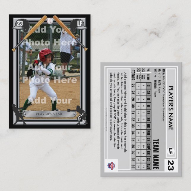 Baseball Trading Card Black Frt - Custom Stats (Front/Back)