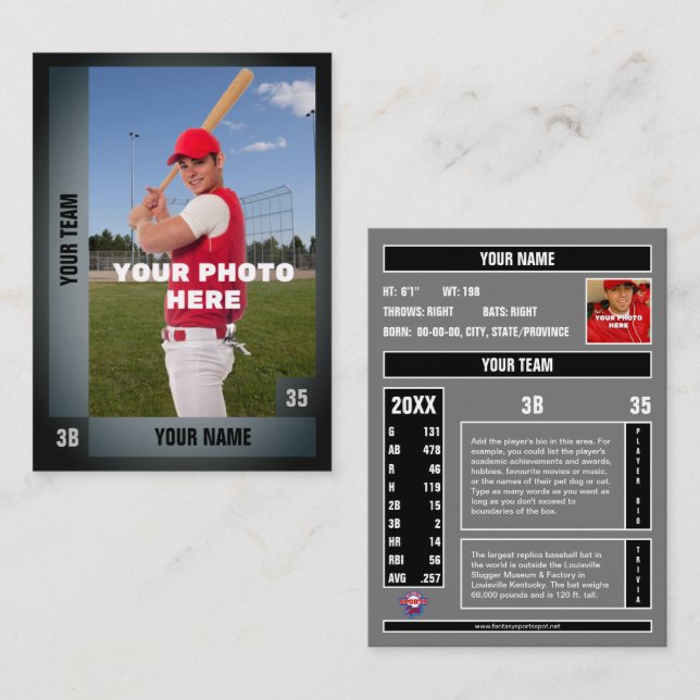 Baseball Trading Card Black/Grey- Custom Stats (Front/Back)