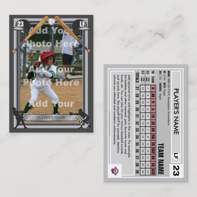 Baseball Trading Card Dark Grey Frt - Custom Stats (Front/Back)