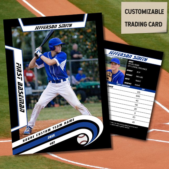 Baseball Trading Card Lively Blue Black (Baseball Player Trading Card in Black with Custom Team Name and White Blue Elements)