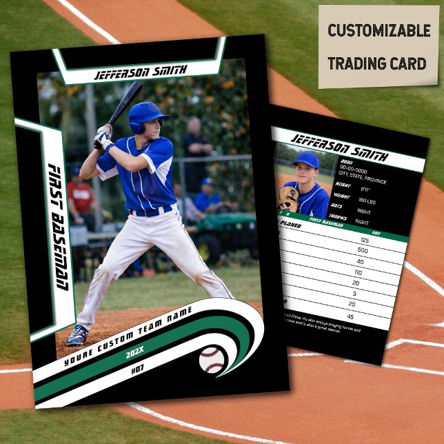 Baseball Trading Card Lively Green Black (Baseball Player Trading Card in Black with Custom Team Name and White Green Elements)