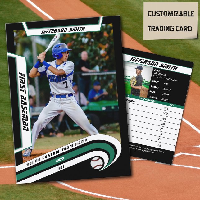 Baseball Trading Card Lively Green Black (Baseball Player Trading Card in Black with Custom Team Name and White Green Elements)