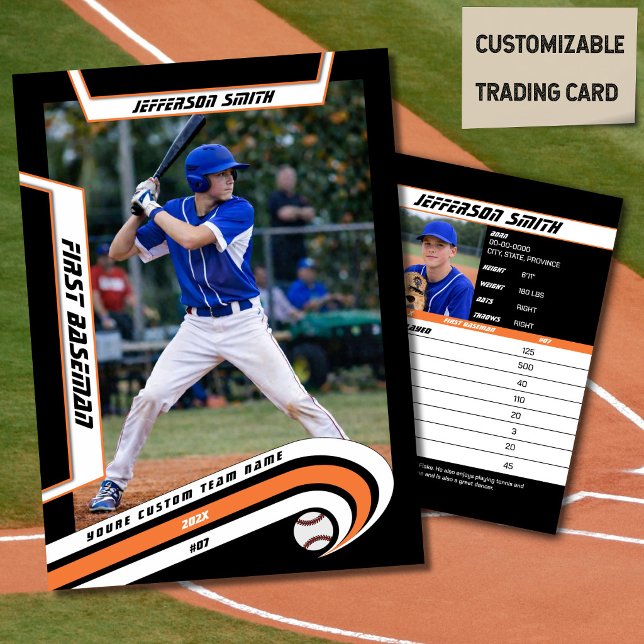 Baseball Trading Card Lively Orange Black (Baseball Player Trading Card in Black with Custom Team Name and White Orange Elements)