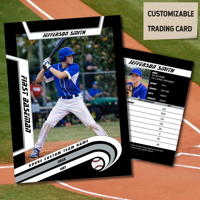Baseball Trading Card Lively Silver Black (Baseball Player Trading Card in Black with Custom Team Name and White Silver Elements)