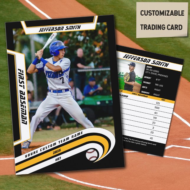 Baseball Trading Card Lively Yellow Black (Baseball Player Trading Card in Black with Custom Team Name and White Yellow Elements)