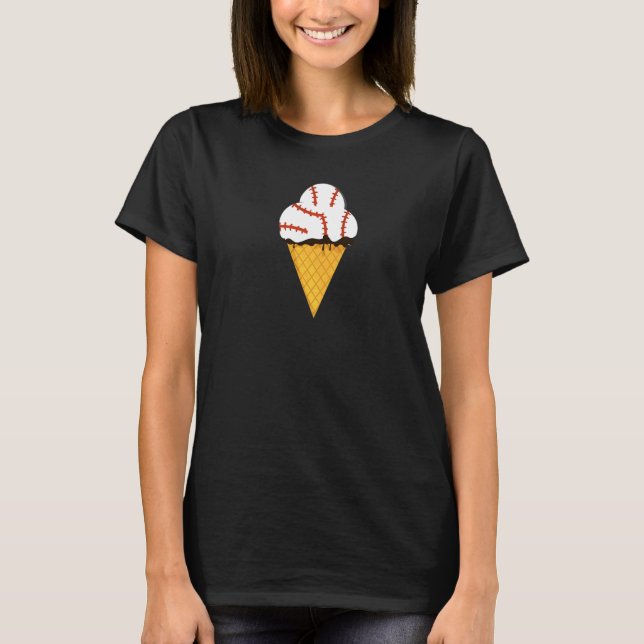 Baseball Triple Scoop Ice Cream Cone T-Shirt (Front)