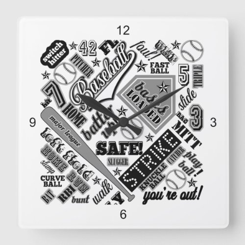 Baseball Typography Black White ID770 Square Wall Clock