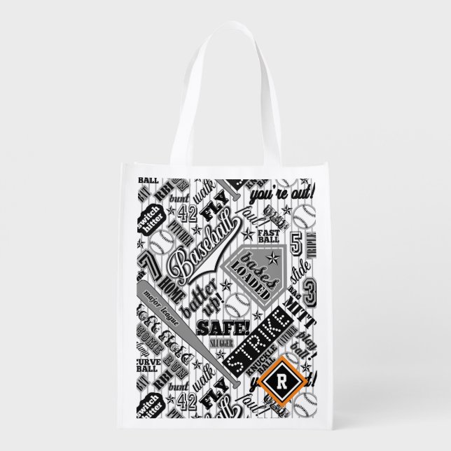 Baseball Typography Black White Stripes ID770 Grocery Bag (Back)