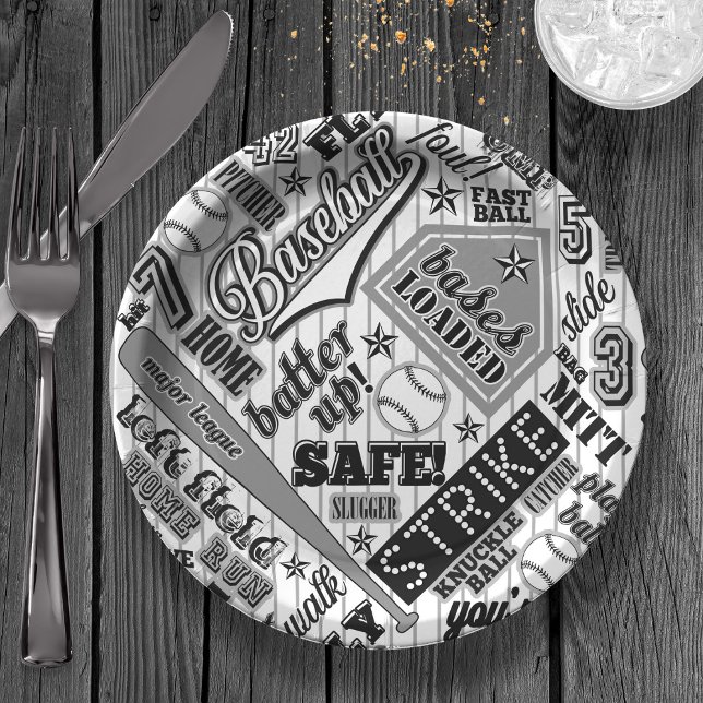 Baseball Typography Black White Stripes ID770 Paper Plates (Creator Uploaded)
