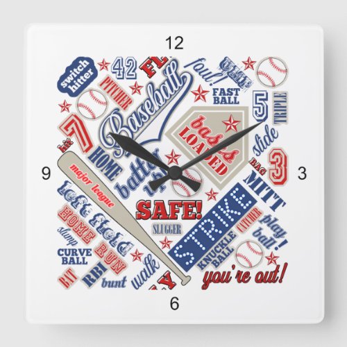 Baseball Typography Red White Blue ID770 Square Wall Clock