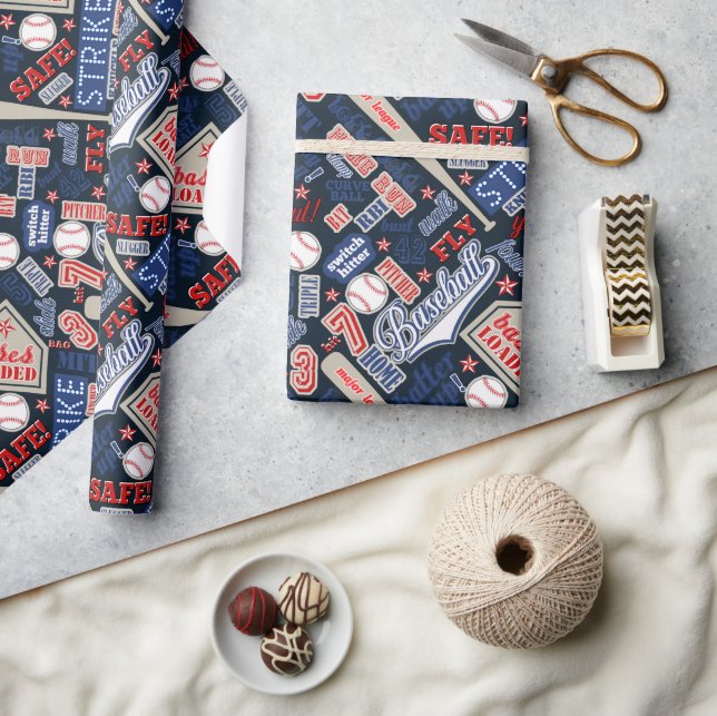 Baseball Typography Red White Blue ID770 Wrapping Paper (Crafts)