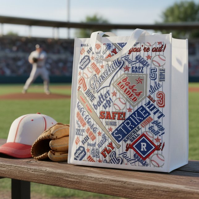 Baseball Typography Red White Blue Stripes ID770 Grocery Bag (Creator Uploaded)
