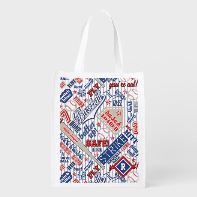 Baseball Typography Red White Blue Stripes ID770 Grocery Bag (Back)