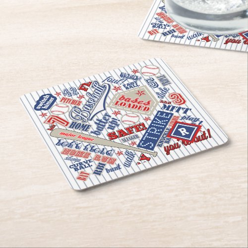 Baseball Typography Red White Blue Stripes ID770 Square Paper Coaster