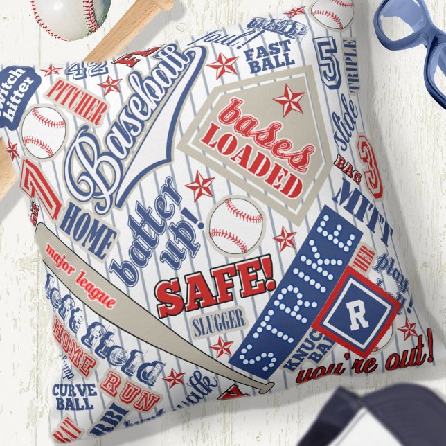 Baseball Typography Red White Blue Stripes ID770 Throw Pillow (Creator Uploaded)