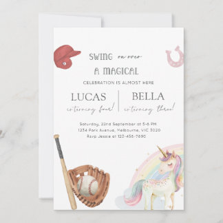 Baseball & Unicorn Siblings Joint Birthday Invitation