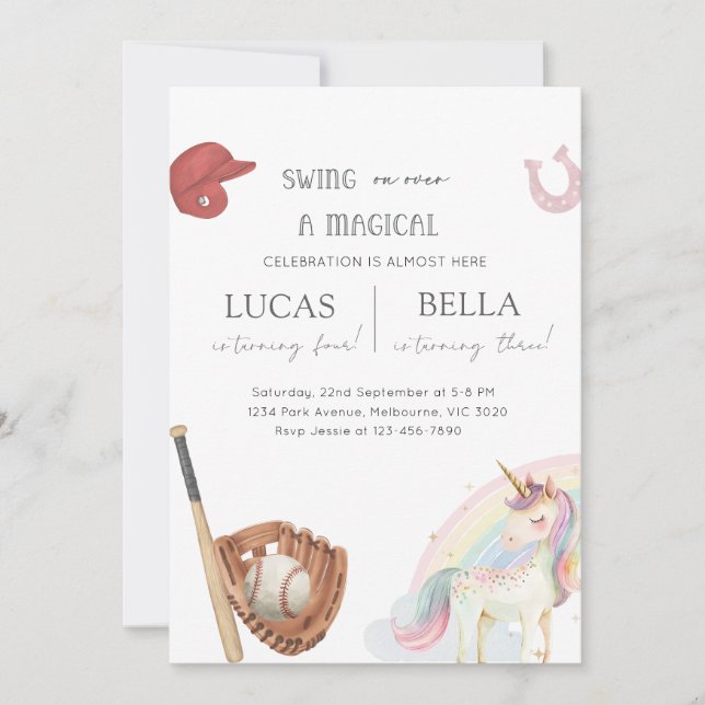 Baseball & Unicorn Siblings Joint Birthday Invitation (Front)