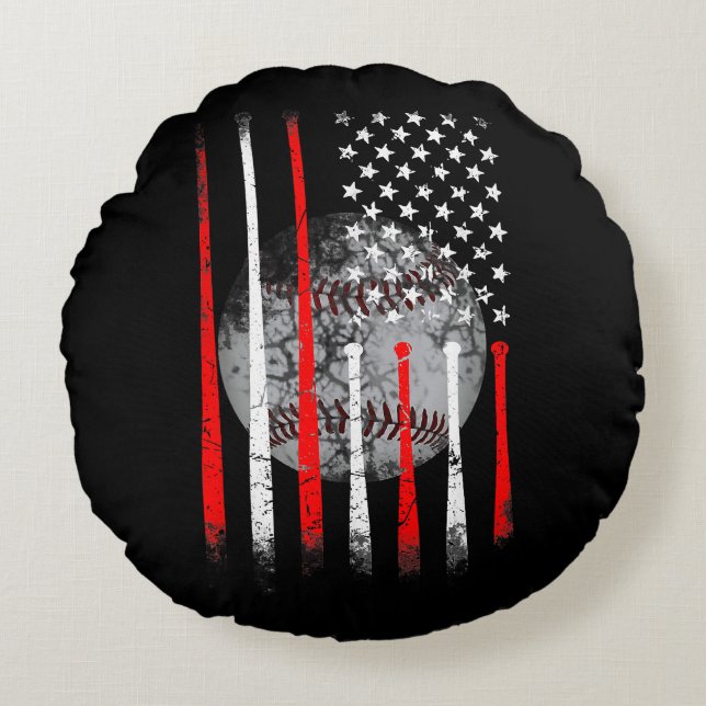 Baseball USA Flag American Flag Vintage Round Pillow (Front)