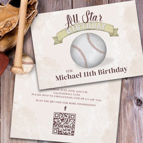 Baseball Vintage All Star QR Code Social Media Invitation