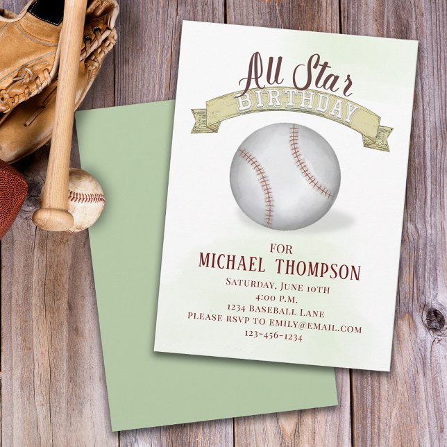 Baseball Vintage Simple All Star Birthday Banner Invitation (Creator Uploaded)