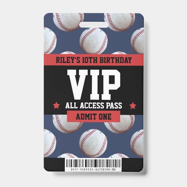 Baseball VIP Birthday Party Guest Pass Badge (Front)