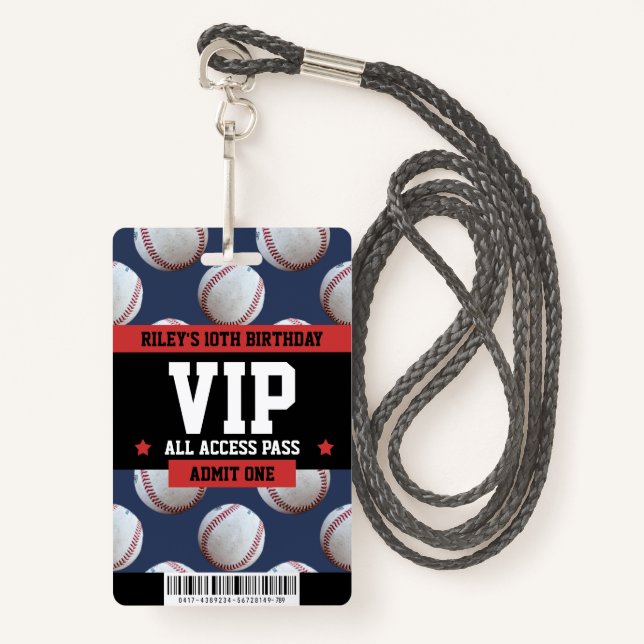 Baseball VIP Birthday Party Guest Pass Badge (Front with Lanyard)