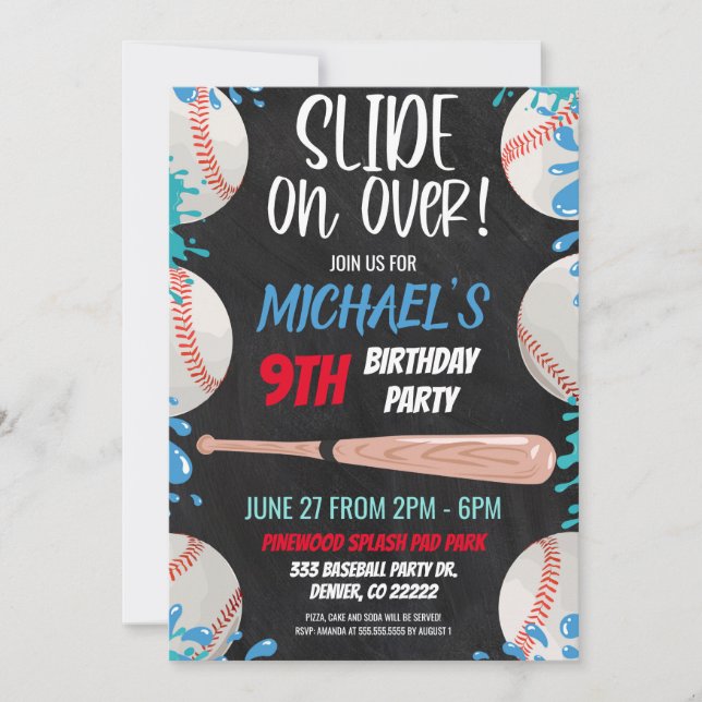 Baseball Waterslide Birthday Party Invitation (Front)