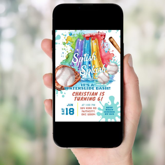 Baseball Waterslide Pool Birthday Party Invitation (Front Digital)