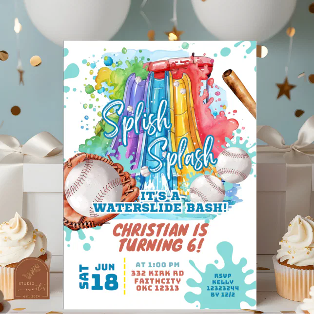 Baseball Waterslide Pool Birthday Party Invitation | Zazzle