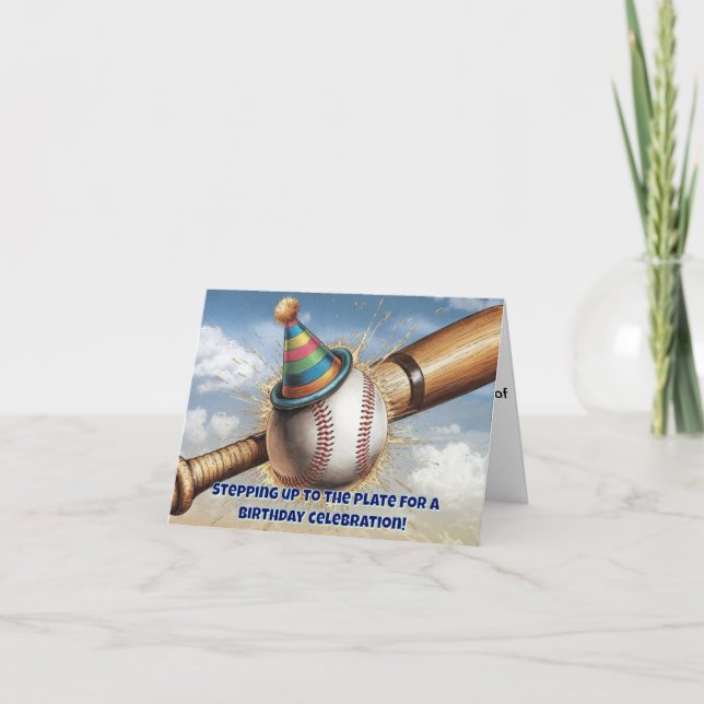 baseball wearing birthday hat in front of bat card (Front)