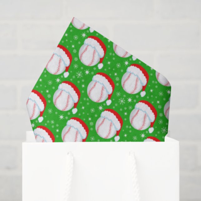 Baseball Wearing Santa's Hat & Snowflakes Green Tissue Paper (Gift Bag)