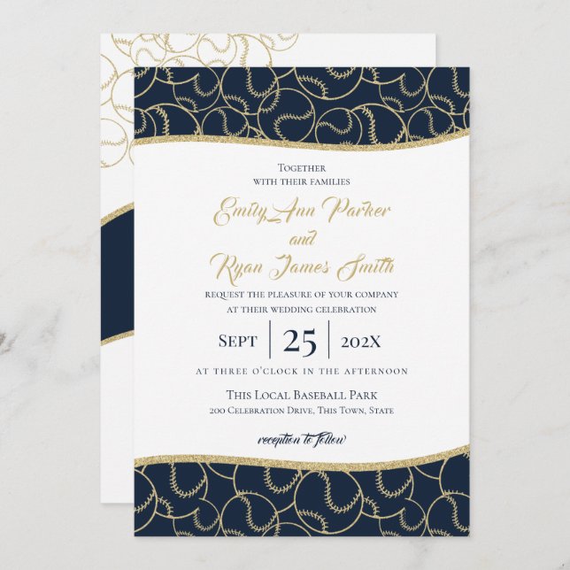 Baseball Wedding Gold and Blue Invitation (Front/Back)