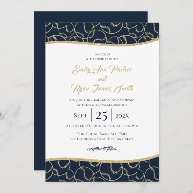 Baseball Wedding Gold and Blue Invitation (Front/Back)