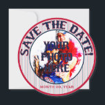 Baseball Wedding Save-The-Date-Template 04 Save The Date<br><div class="desc">Baseball Wedding Themed-Round Save the date cards TEMPLATE 4. The front side of the card is a photo insert/frame. Red outer and blue inner rings with a personalized photo in the center. Remove my photo insert and replace with a photo of your own. Decorative red and blue glass text circles...</div>