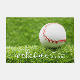 Baseball Welcome home is on green grass  Doormat