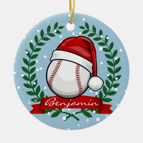 Baseball With A Christmas Style Santa Hat Ceramic Ornament