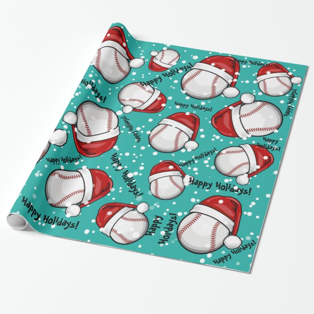 Baseball With A Christmas Style Santa Hat Wrapping Paper (Unrolled)
