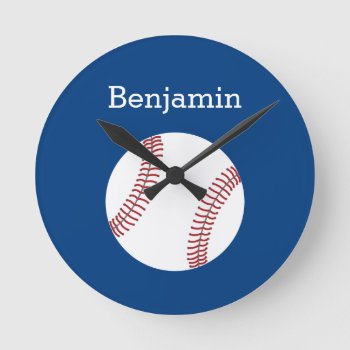 Baseball With Custom Name - Royal Blue Round Clock by Funsize1007 at Zazzle