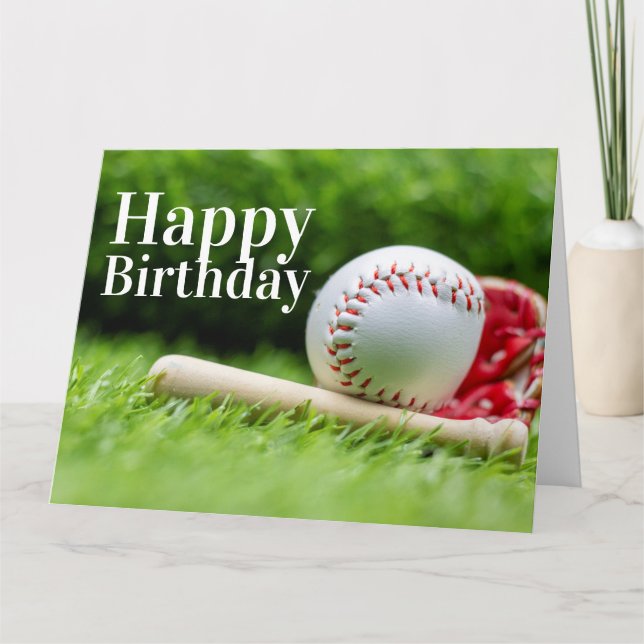 Baseball with happy Birthday word on green grass Card (Front)