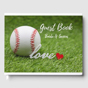 Baseball with LOVE word red heart on green wedding Guest Book