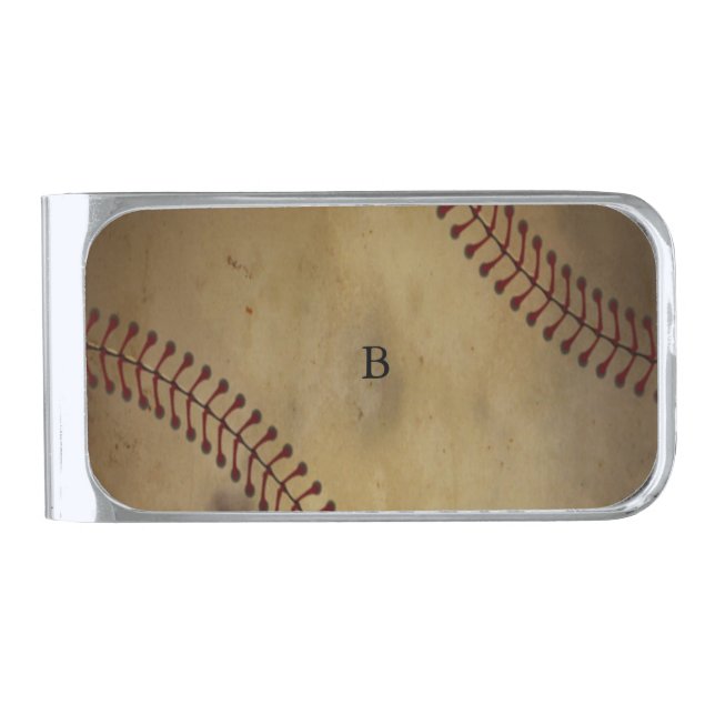 Baseball with Monogram Silver Finish Money Clip (Front)