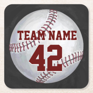 Baseball with Name and Number Square Paper Coaster